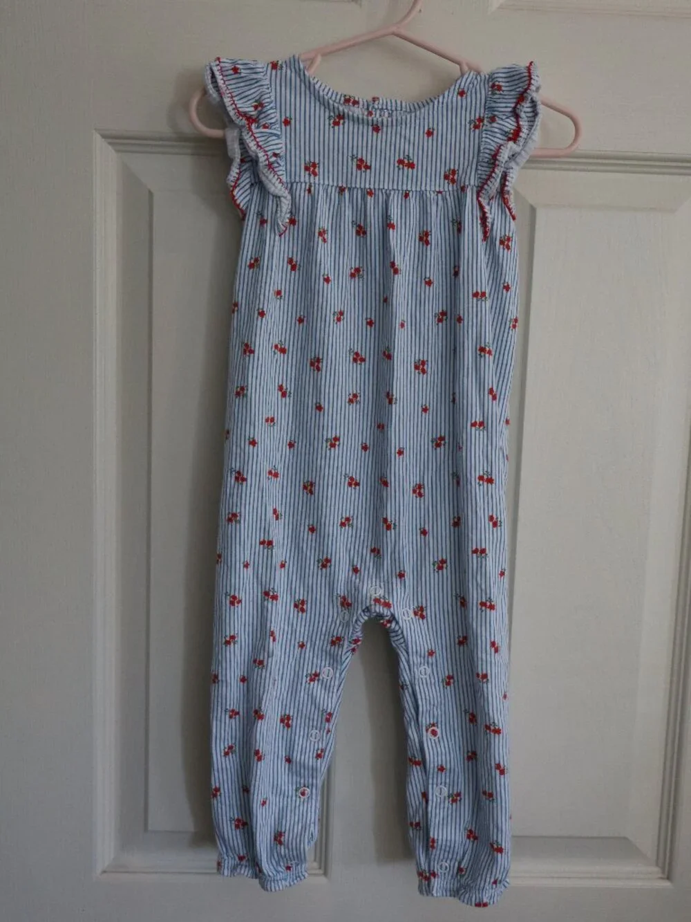Carter's Jumper/Romper Blue stripes with red florals and ruffle sleeves Sz 18m